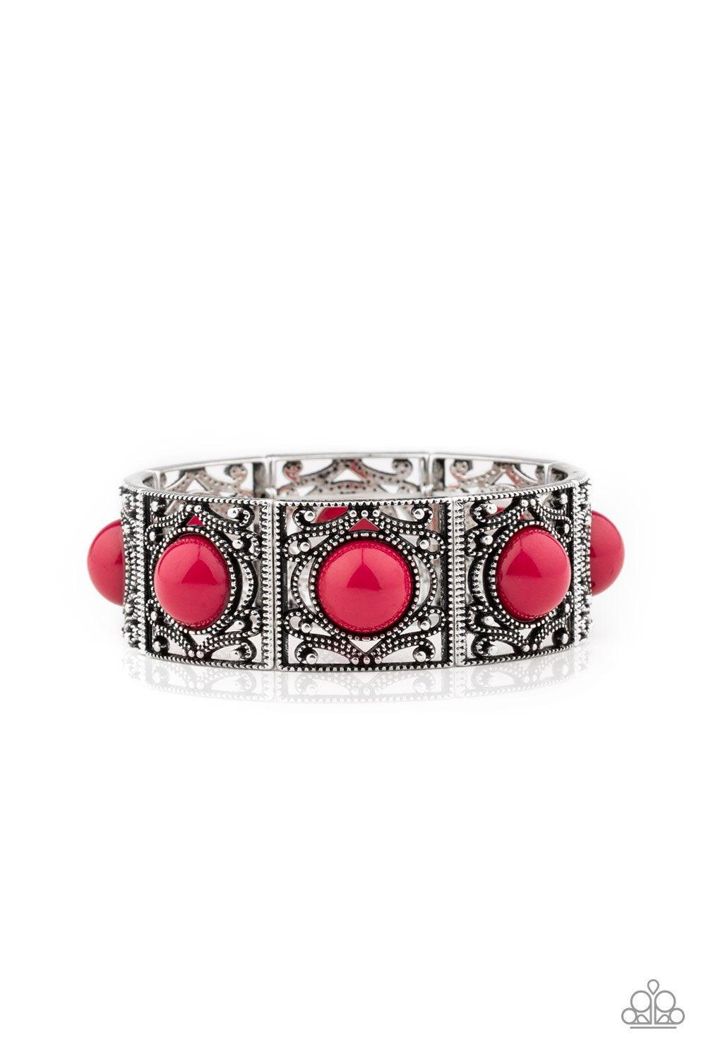 Paparazzi Accessories Victorian Dream - Pink Dotted with vivacious pink beads, shimmery silver filigree filled frames are threaded along a stretchy band around the wrist for a whimsical look. Sold as one individual bracelet. Jewelry