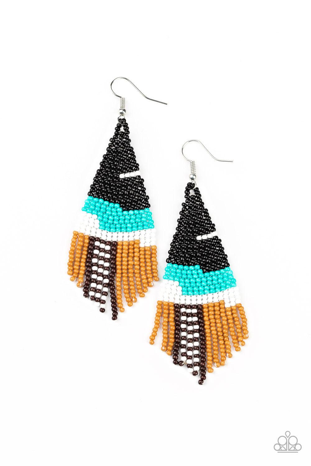 Paparazzi Accessories Summer Heat - Black Strands of black, blue, white, light brown, and dark brown seed beads colorfully weave into a vivaciously beaded fringe. Earring attaches to a standard fishhook fitting. Jewelry