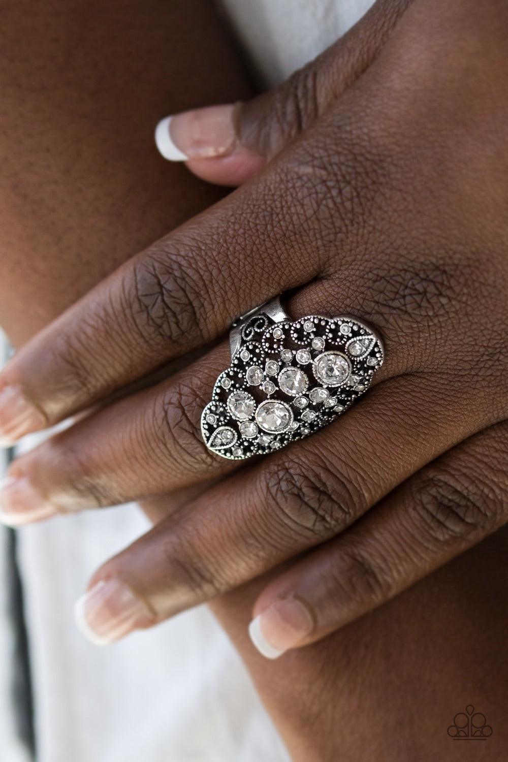 Paparazzi Accessories Make Your Own Fairytale - White Glittery white rhinestones are sprinkled along a vine-like backdrop, creating a whimsical centerpiece. Features a stretchy band for a flexible fit. Jewelry