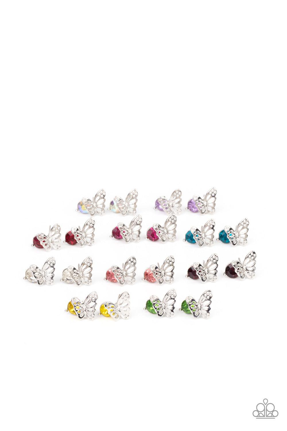Paparazzi Accessories Starlet Shimmer Earrings #21 - Purple Airy silver butterfly frames featuring glittery rhinestones vary in shades of green, yellow purple, pink, white, blue, red, purple, and multicolored. Earrings attach to standard post fittings. Je