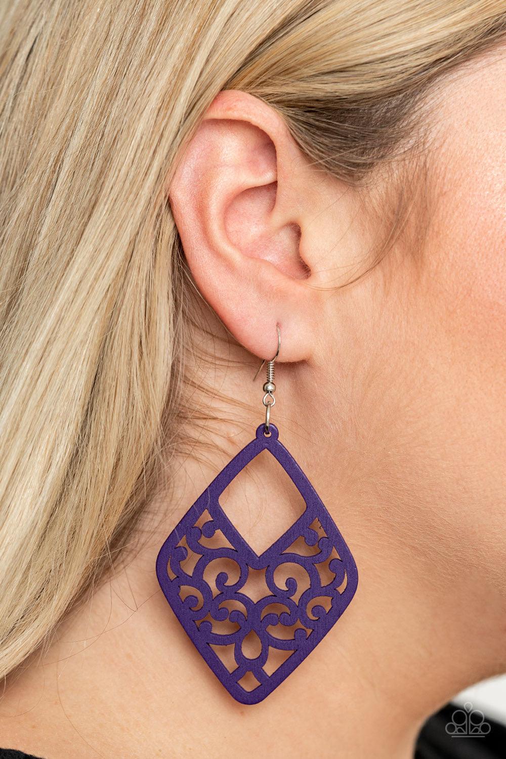 Paparazzi Accessories VINE For The Taking - Purple Brushed in a vivacious purple finish, wooden vine-like filigree climbs an airy kite-shaped frame for a seasonal vibe. Earring attaches to a standard fishhook fitting. Sold as one pair of earrings. Jewelry