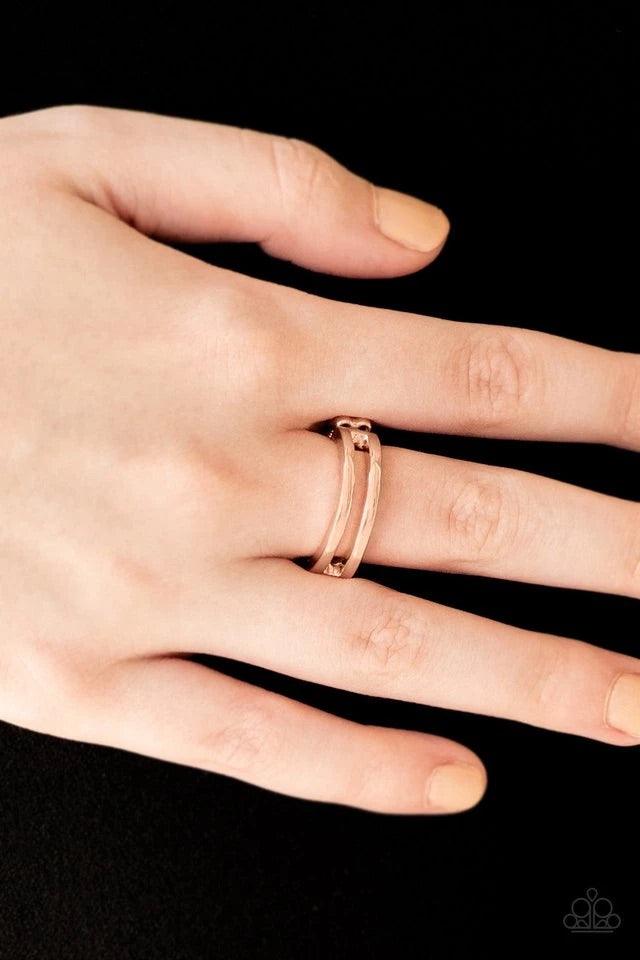 Paparazzi Accessories I Need Space - Gold Glistening rose gold bands arc across the finger, joining into an airy band for a casual look. Features a dainty stretchy band for a flexible fit. Sold as one individual ring. Jewelry
