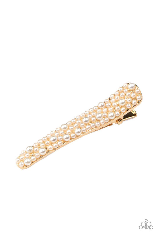 Paparazzi Accessories Wish You Were HAIR ~Gold Varying in size, dainty white pearls adorn the front of a glistening gold frame for a timeless look. Features a standard hair clip. Sold as one individual hair clip.