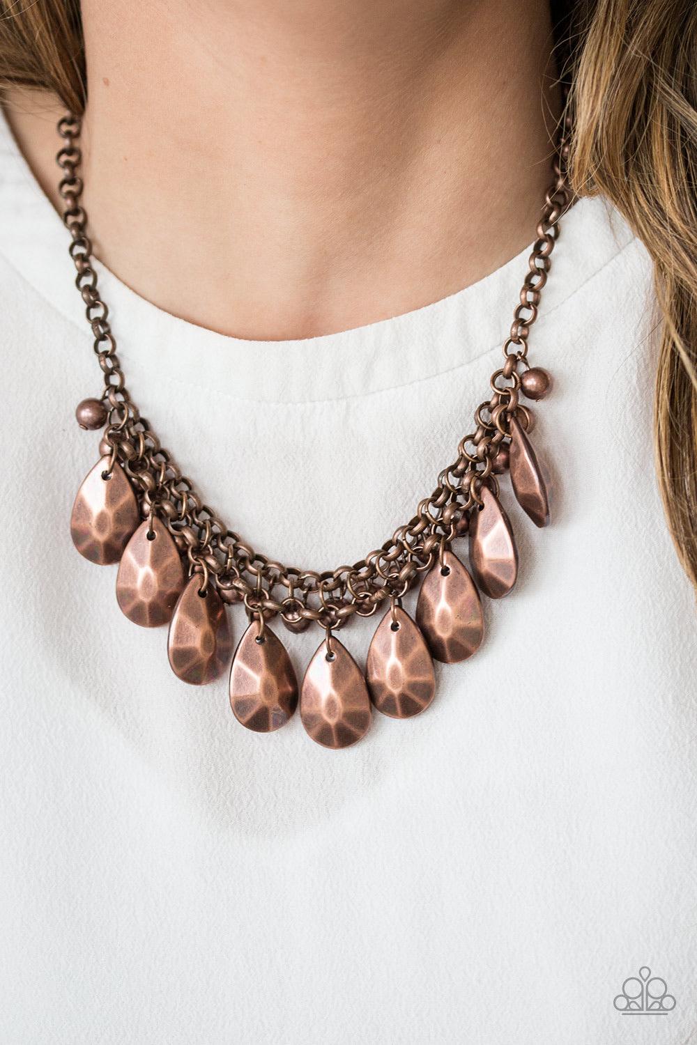 Paparazzi Accessories La DIVA Loca - Copper Faceted copper teardrops trickle from the bottom of interwoven copper chains, creating a dramatic fringe below the collar. Classic copper pearls swings from the bold chains, adding a timelessly chic finish to th