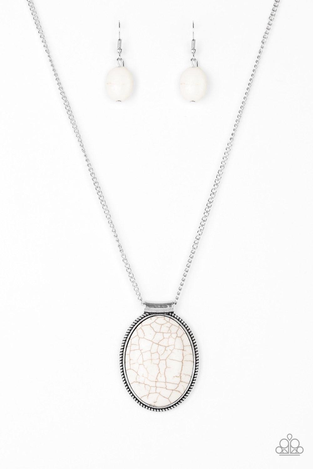 Paparazzi Accessories Southwest Showdown - White A smooth white stone is pressed into a textured silver frame, creating a bold seasonal pendant below the collar. Features an adjustable clasp closure Jewelry