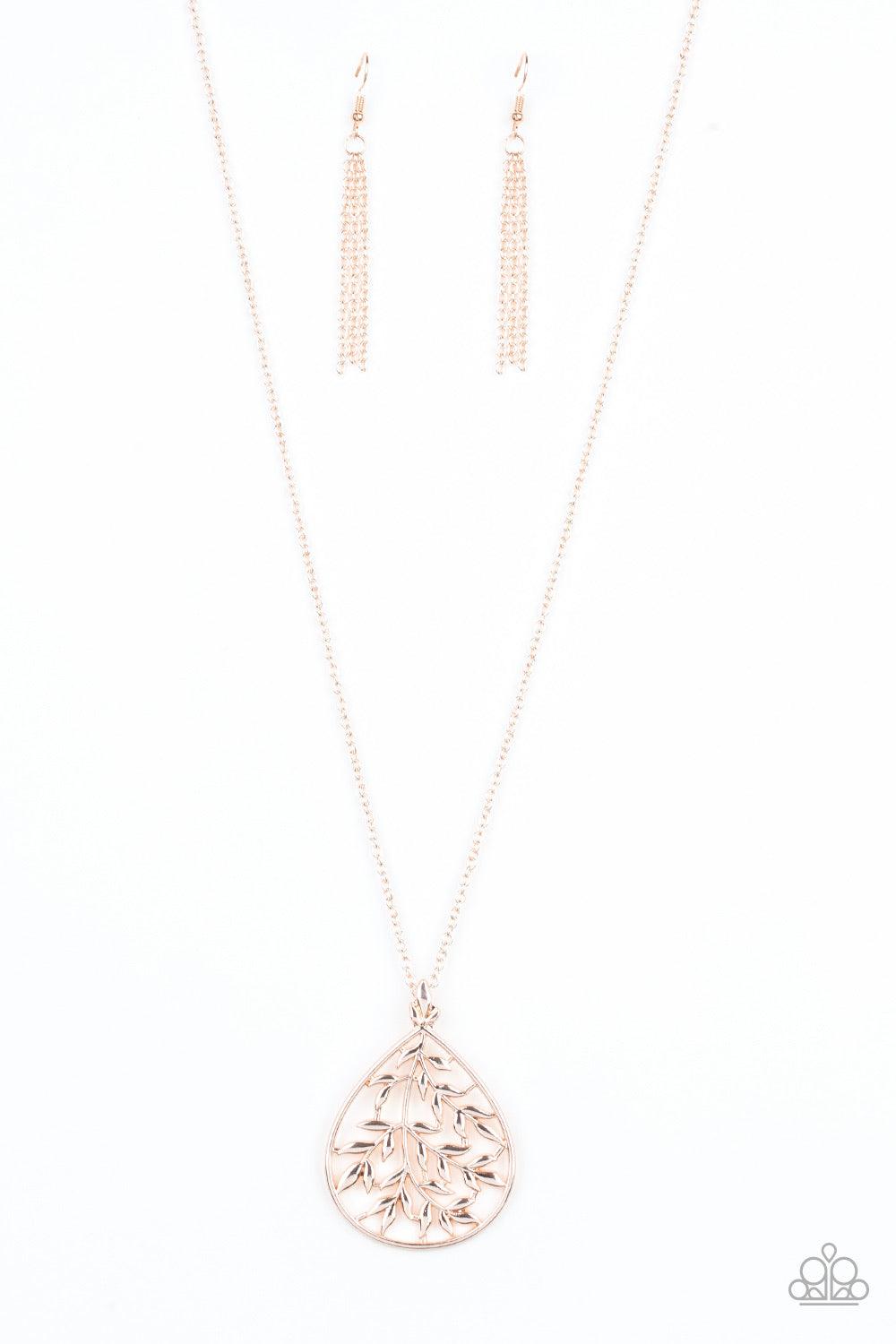 Paparazzi Accessories BOUGH Down - Rose Gold Leafy rose gold branches fan out across a glistening rose gold teardrop frame, creating a whimsical pendant at the bottom of a lengthened rose gold chain. Features an adjustable clasp closure. Jewelry