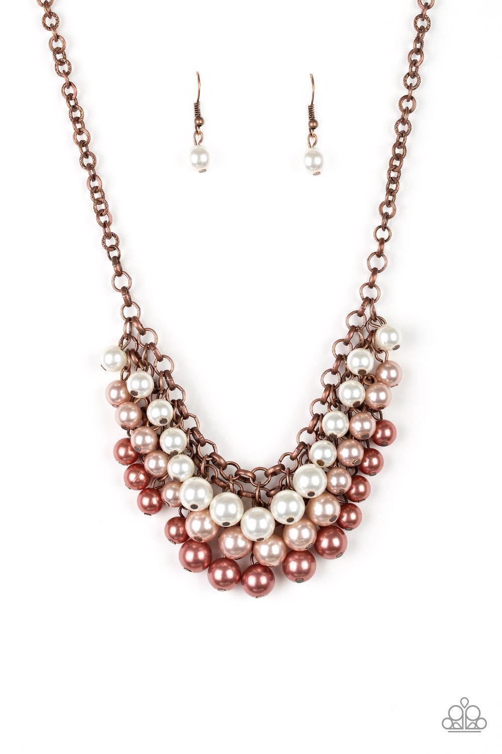 Paparazzi Accessories Run For The HEELS! - Copper Rows of white, brown, and copper pearls cascade below the collar, creating a glamorous fringe. Features an adjustable clasp closure. Sold as one individual necklace. Includes one pair of matching earrings.