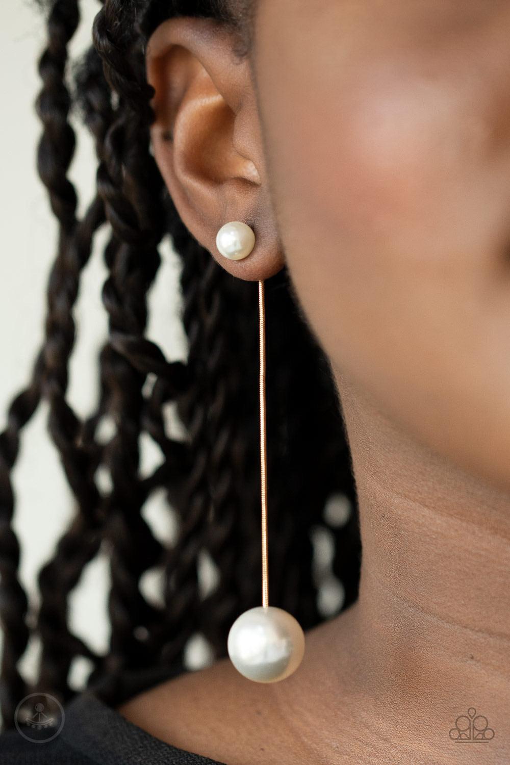 Paparazzi Accessories Extended Elegance - Gold Attached to a sleek gold chain, an oversized white pearl delicately swings from the bottom of a classic white pearl, adding a timeless twist to the elegant display. Earring attaches to a standard post fitting