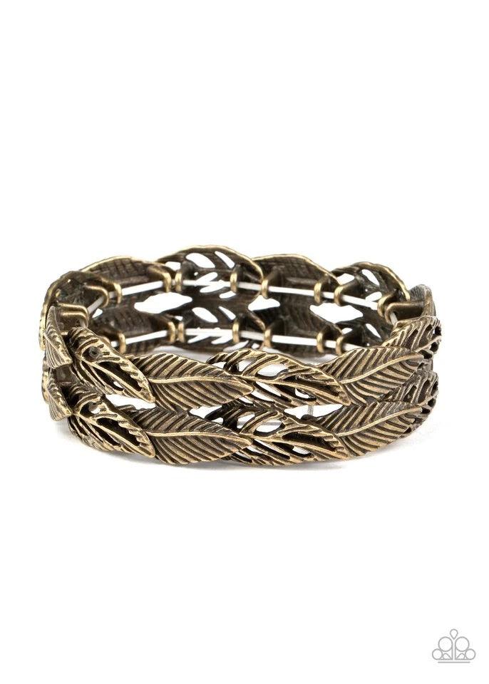 Paparazzi Accessories It’s Five o’FLOCK Somewhere - Brass Featuring life-like textures, pairs of brass feather charms are threaded along stretchy bands as they overlap around the wrist for a whimsical look. Jewelry