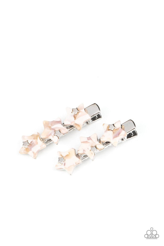 Paparazzi Accessories Brightest Star In The Sky - Multi Dotted with dainty silver star charms, trios of Peach Nougat acrylic stars coalesce into a pair of colorful frames. Features standard hair clips on the back. Sold as one pair of hair clips. Hair Acce