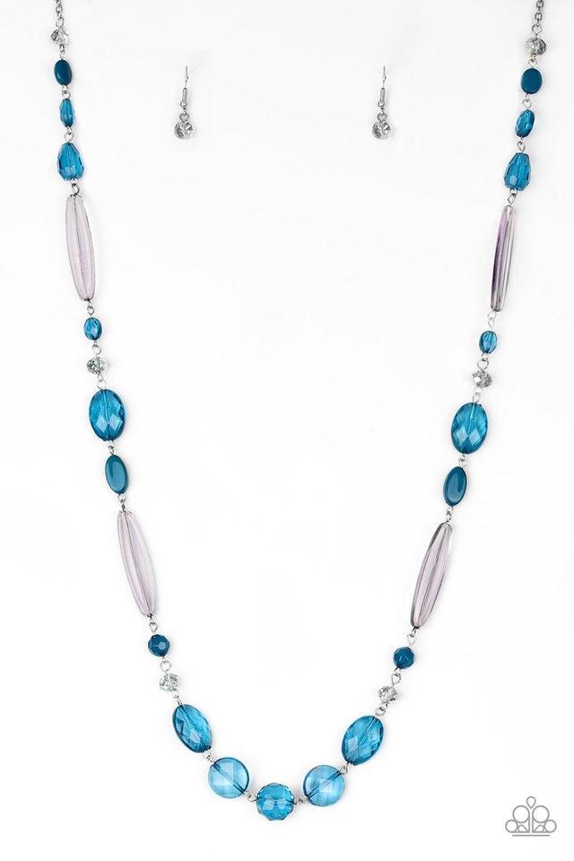 Paparazzi Accessories Quite Quintessence - Blue Varying in shape and shimmer, faceted blue and metallic crystal-like beads trickle down the chest for a whimsical look. Features an adjustable clasp closure. Sold as one individual necklace. Includes one pai