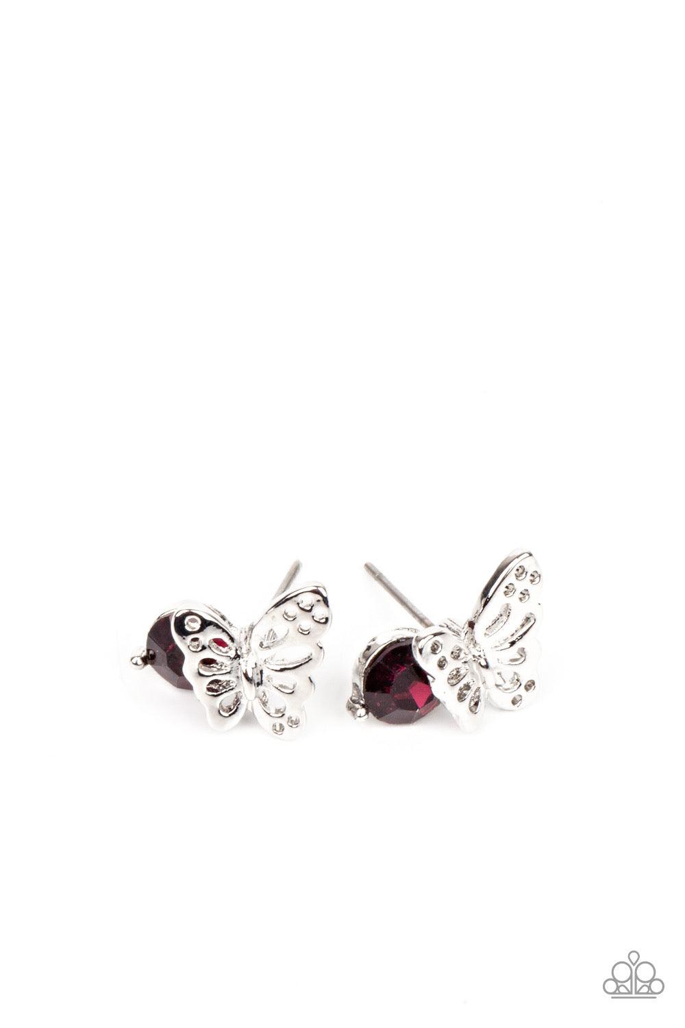 Paparazzi Accessories Starlet Shimmer Earrings #21 - Purple Airy silver butterfly frames featuring glittery rhinestones vary in shades of green, yellow purple, pink, white, blue, red, purple, and multicolored. Earrings attach to standard post fittings. Je