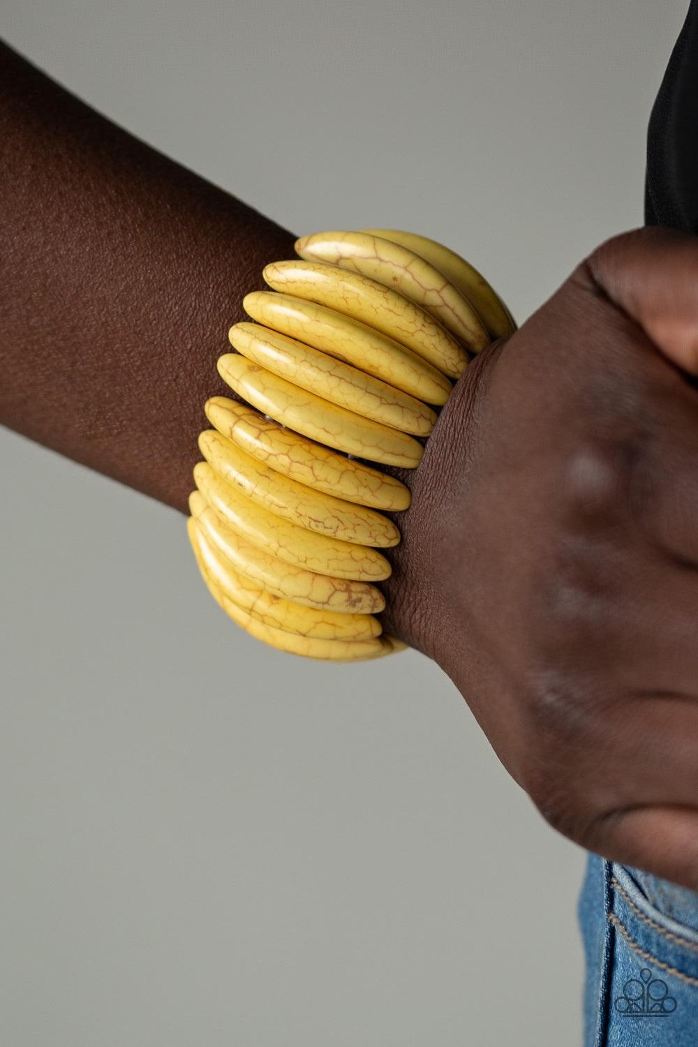 Paparazzi Accessories Naturally Nomad - Yellow Chiseled into earthy crescent shapes, sunny yellow stones are threaded along stretchy bands around the wrist for an artisan inspired look. Jewelry