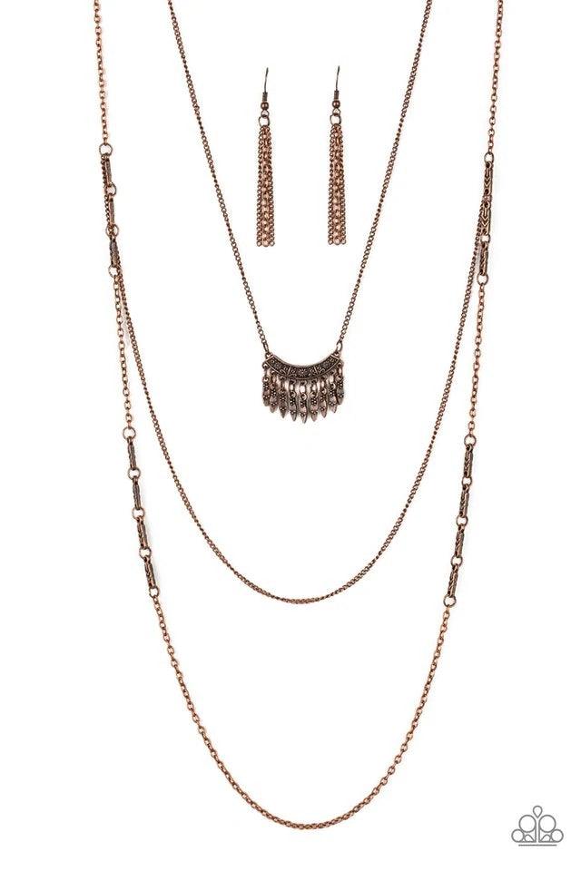 Paparazzi Accessories Homestead Harvest - Copper Embossed in a whimsical floral pattern, a fringed frame swings from the uppermost chain above a copper chain featuring dainty copper beading. Infused with a plain chain, the glistening copper chains layer d