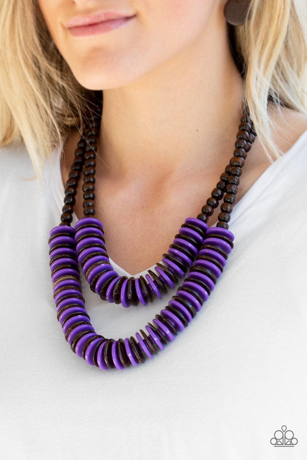 Paparazzi Accessories Dominican Disco - Purple Brown wooden beads give way to rows of purple and brown wooden discs, creating colorful layers for a summery look. Features a button-loop closure. Jewelry