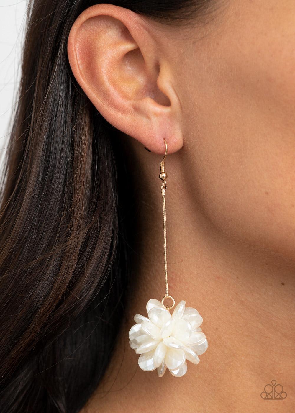 Paparazzi Accessories Swing Big - Gold Featuring faceted surfaces, pearly white teardrop beads delicately cluster at the bottom of a dainty gold chain for an elegant look. Earring attaches to a standard fishhook fitting. Sold as one pair of earrings. Jewe
