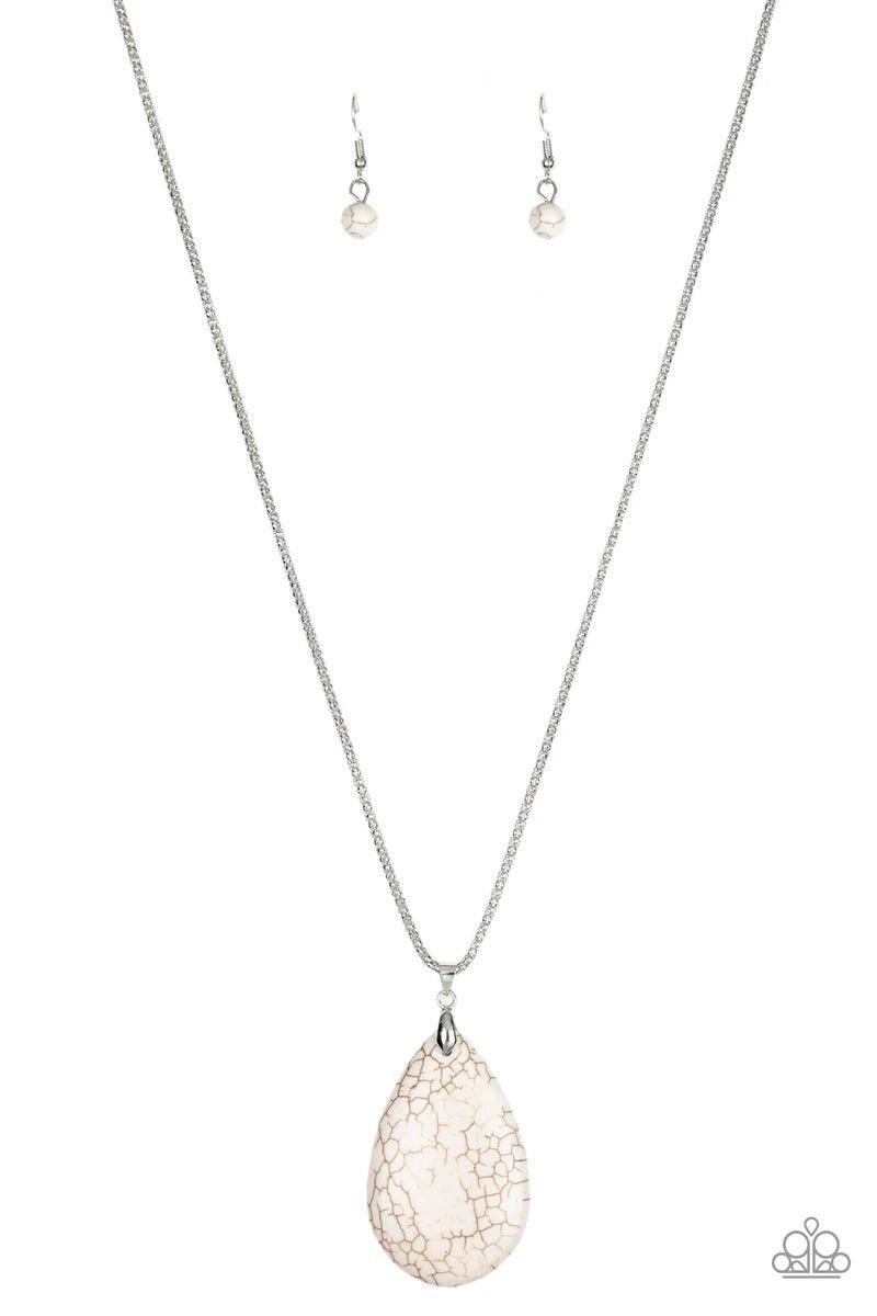 Paparazzi Accessories Sedona Sandstone - White Pinched between a dainty silver fitting, an oversized white stone teardrop pendant swings from the bottom of a lengthened silver popcorn chain for a seasonal flair. Features an adjustable clasp closure.Sold a