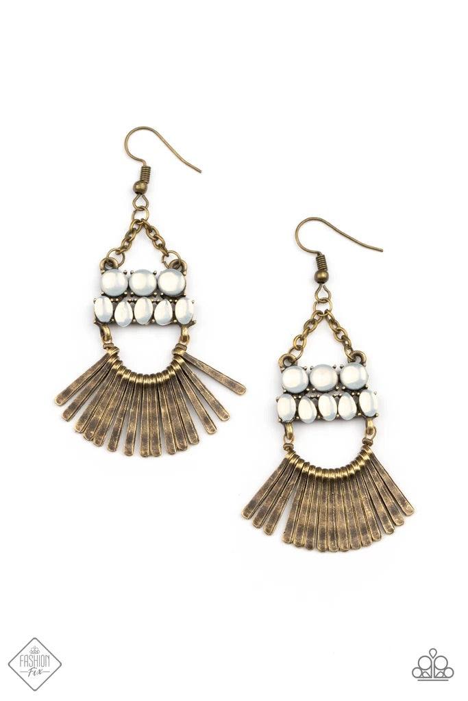 Paparazzi Accessories A FLARE For Fierceness - Brass A row of delicately hammered brass rods fans out along a dainty brass wire that attaches to the bottom of stacked rows of opalescent white beads. The mismatched rows of dewy beads swing from the bottom