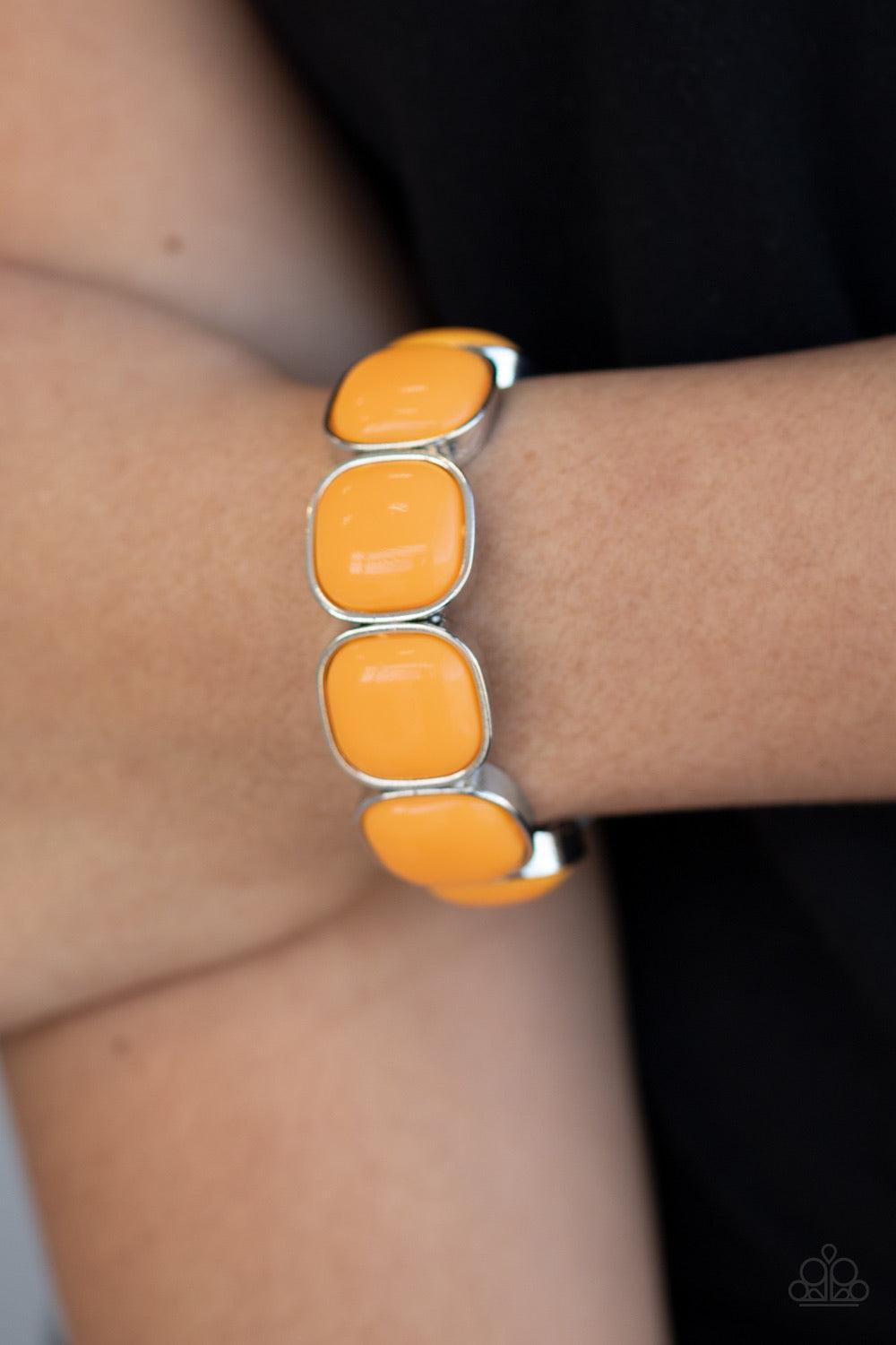 Paparazzi Accessories Vivacious Volume ~Orange Zesty Saffron beads are pressed into sleek silver fittings that slide along stretchy bands around the wrist, creating a vivacious pop of color.