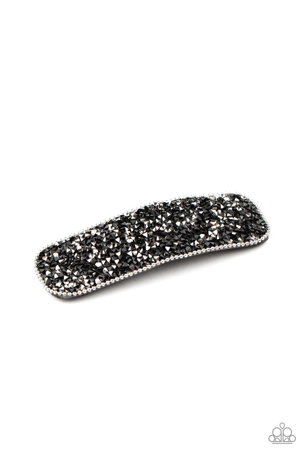 Paparazzi Accessories From HAIR On Out - Black Bordered by a dainty silver ball chain, a glittery collection of hematite rhinestones are encrusted across the front of a frame for a glamorous look. Features a standard hair clip. Sold as one individual hair