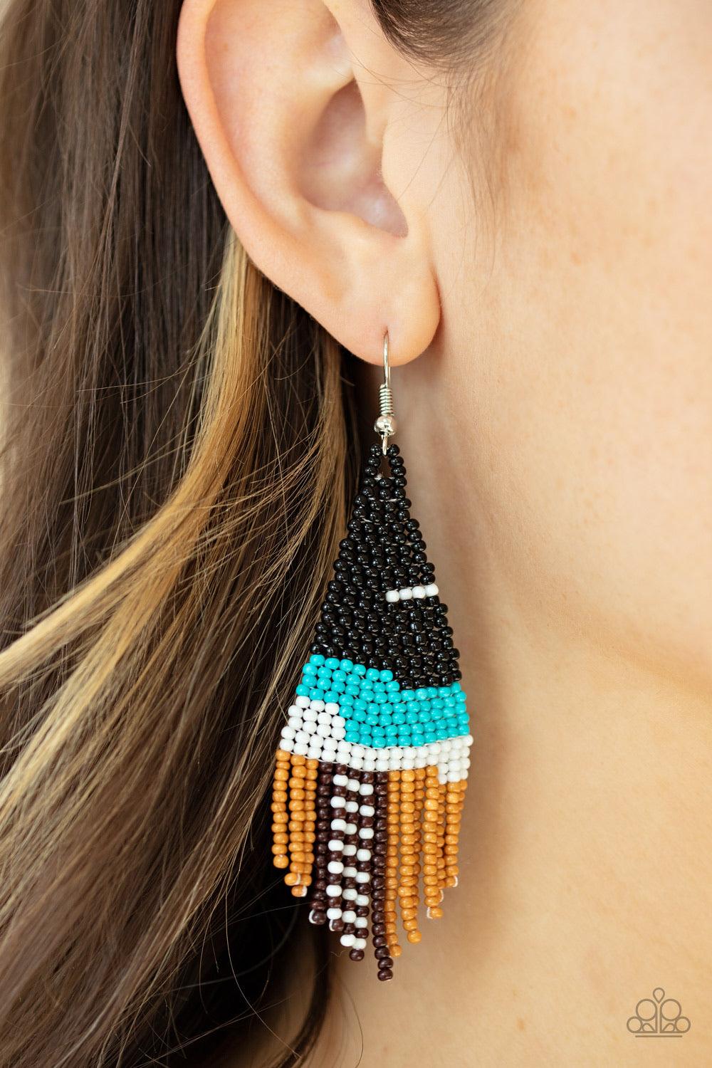Paparazzi Accessories Summer Heat - Black Strands of black, blue, white, light brown, and dark brown seed beads colorfully weave into a vivaciously beaded fringe. Earring attaches to a standard fishhook fitting. Jewelry