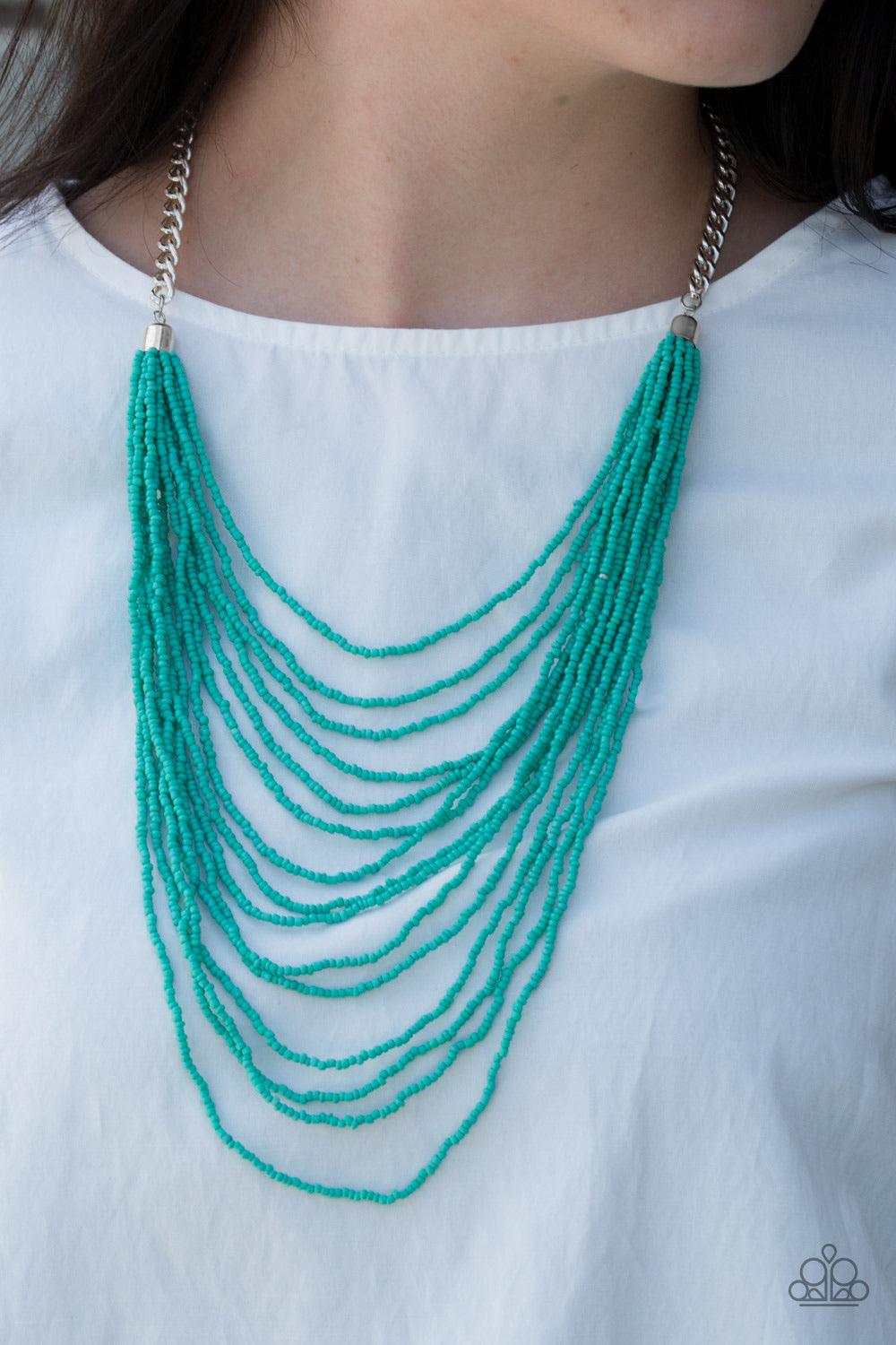 Paparazzi Accessories Bora Bombora - Blue Row after row of refreshing turquoise seed beads cascade down the chest, creating summery layers. Features an adjustable clasp closure. Sold as one individual necklace. Includes one pair of matching earrings. Jewe