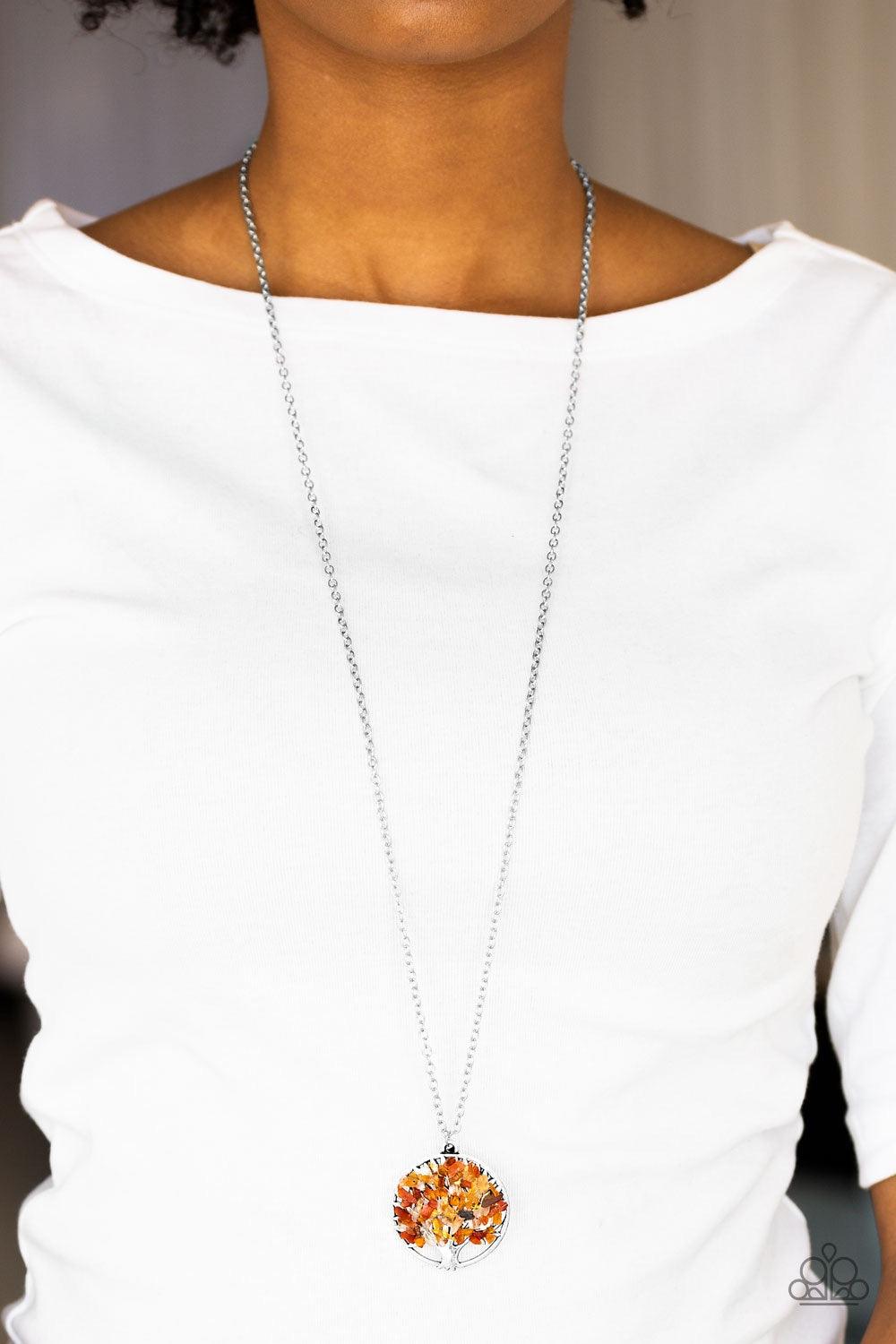 Paparazzi Accessories Naturally Nirvana - Orange Bits of orange rock are sprinkled along a shimmery silver tree pendant, creating colorful leaves. Features an adjustable clasp closure. Jewelry