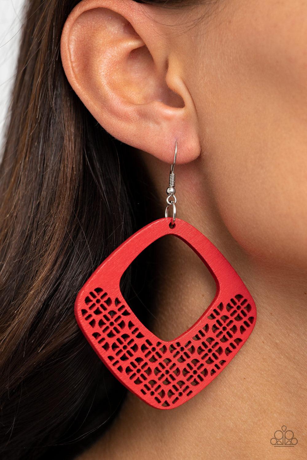 Paparazzi Accessories WOOD You Rather - Red Painted in a fiery red finish, the bottom of a wooden diamond-shaped frame has been cut into an airy floral stenciled pattern for a whimsical finish. Earring attaches to a standard fishhook fitting. Sold as one