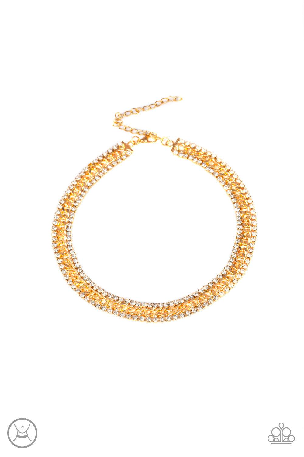 Paparazzi Accessories Empower-HER-Ment - Gold Featuring sleek square fittings, strands of glittery white rhinestones flank a glistening gold chain, coalescing into a regal look around the neck. Features an adjustable clasp closure. Jewelry