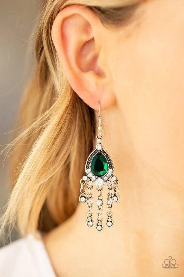 Paparazzi Accessories Bling Bliss - Green Dotted with dainty white rhinestones, silver teardrop frames cascade from the bottom of an oversized green teardrop gem encrusted frame, creating a timeless chandelier. Earring attaches to a standard fishhook fitt