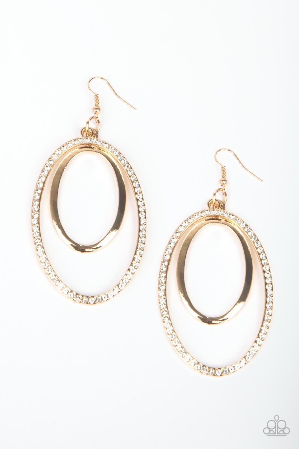 Paparazzi Accessories Wrapped in Wealth - Gold A glistening gold hoop swings from the top of a larger gold hoop radiating with glassy white rhinestones for a refined look. Earring attaches to a standard fishhook fitting. Jewelry