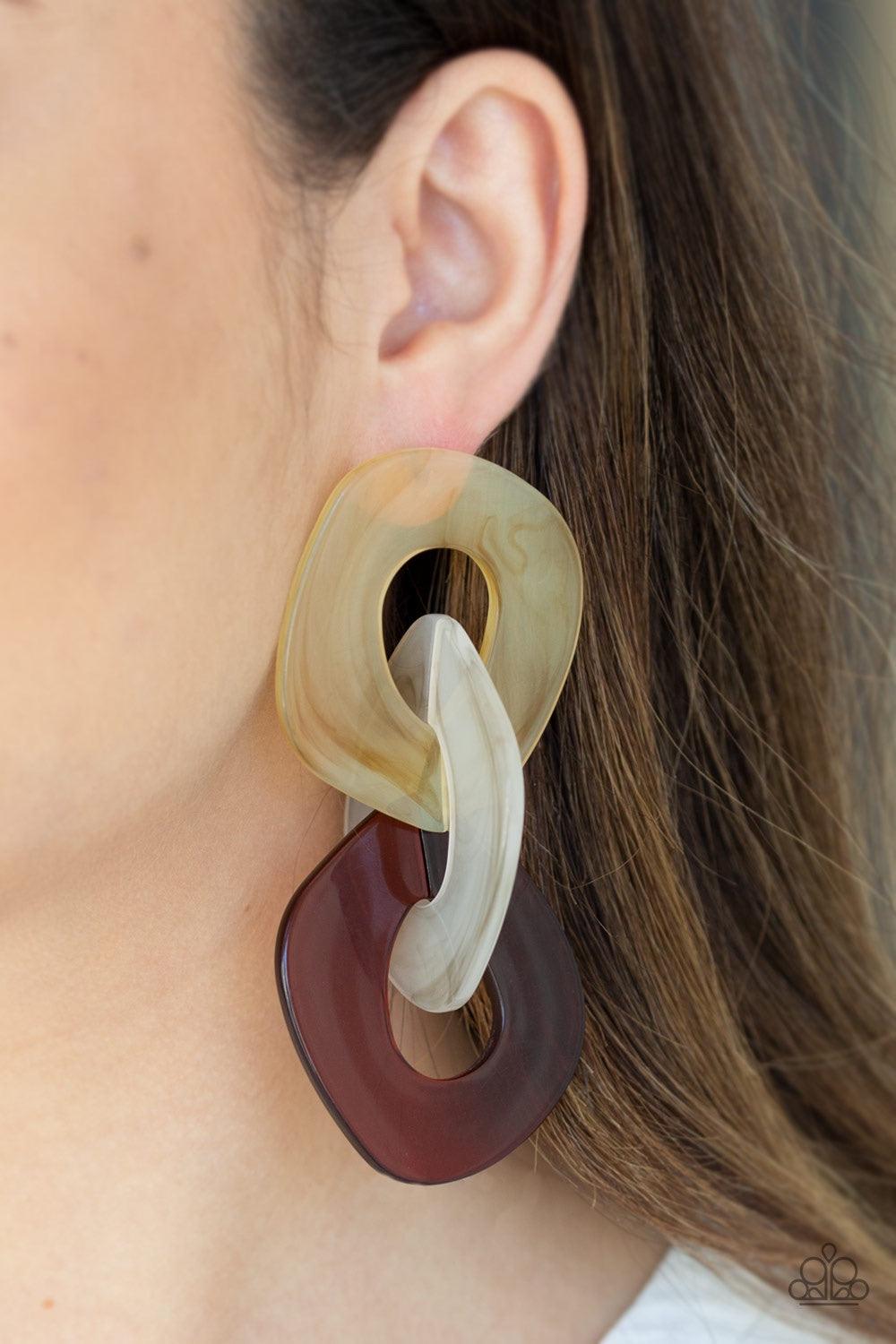 Paparazzi Accessories Boardroom Babe - Multi An assortment of colorful acrylic frames link as they trickle from the ear, interlocking into a retro lure. Earring attaches to a standard post fitting. Jewelry
