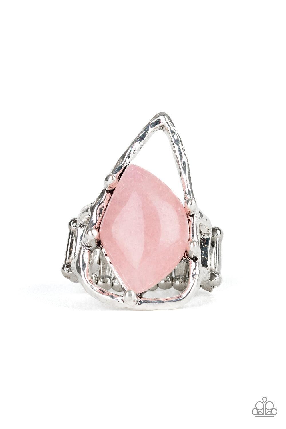 Paparazzi Accessories Get The Point - Pink An abstract pink stone is nestled inside a hammered silver triangle, creating an artisan inspired frame atop the finger. Features a stretchy band for a flexible fit. Jewelry