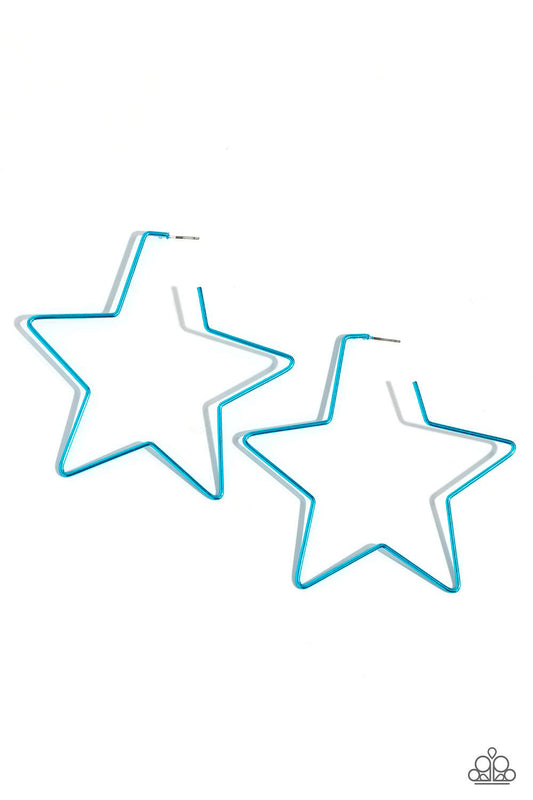 Paparazzi Accessories Starstruck Secret - Blue A thin, oversized blue metallic bar delicately folds into a star-shaped hoop, resulting in a stellar statement. Earring attaches to a standard post fitting. Sold as one pair of hoop earrings. Jewelry
