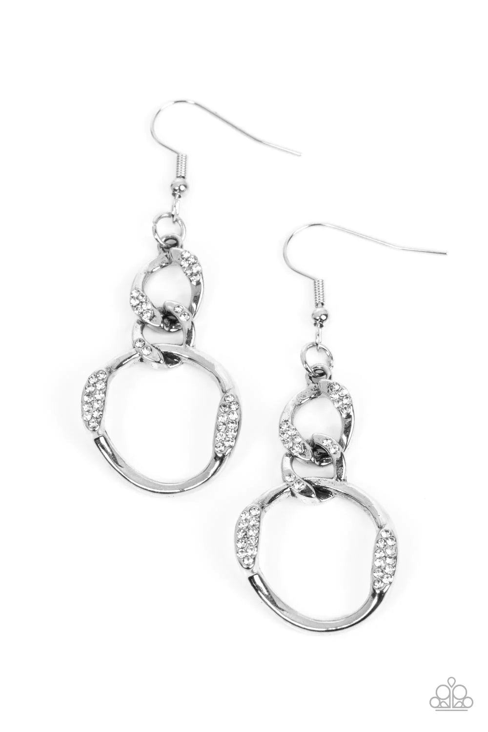 Paparazzi Accessories SELFIE-Made Woman - White The faceted edges of curving curb chain are encrusted in sections of glittery white rhinestones as they link with an oversized silver link, resulting in a gritty yet glitzy lure. Earring attaches to a standa