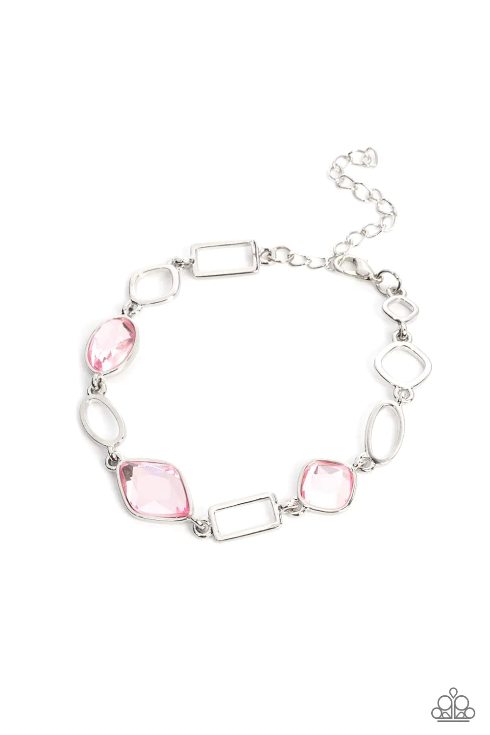 Paparazzi Accessories Dazzle for Days - Pink Oval, rectangular, and asymmetrical silver links connect with a trio of glittery pink gems around the wrist, resulting in an endless dazzle. Features an adjustable clasp closure. Sold as one individual bracelet