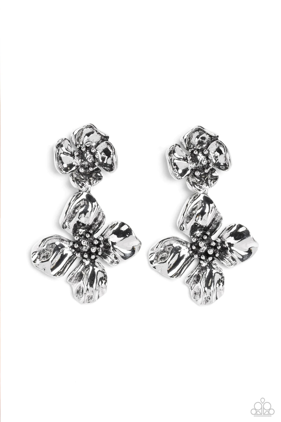 Paparazzi Accessories Gilded Grace - Silver Featuring a warped metallic texture, an oversized silver flower hangs from a smaller silver flower for a whimsical finish. Dainty silver studs coalesce the centers of each flower, adding tactile detail to the fl