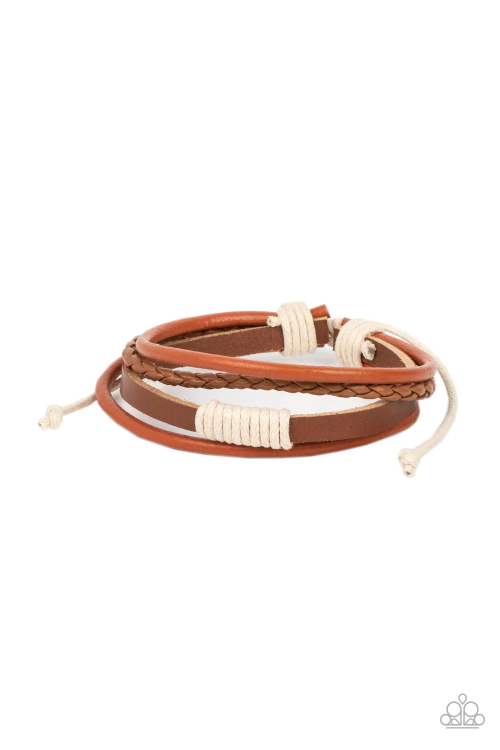 Paparazzi Accessories Trail Scout - Orange Knotted together with white cording, mismatched orange and brown leather bands layer around the wrist for an adventurous pop of color. Features an adjustable sliding knot closure. Sold as one individual bracelet.