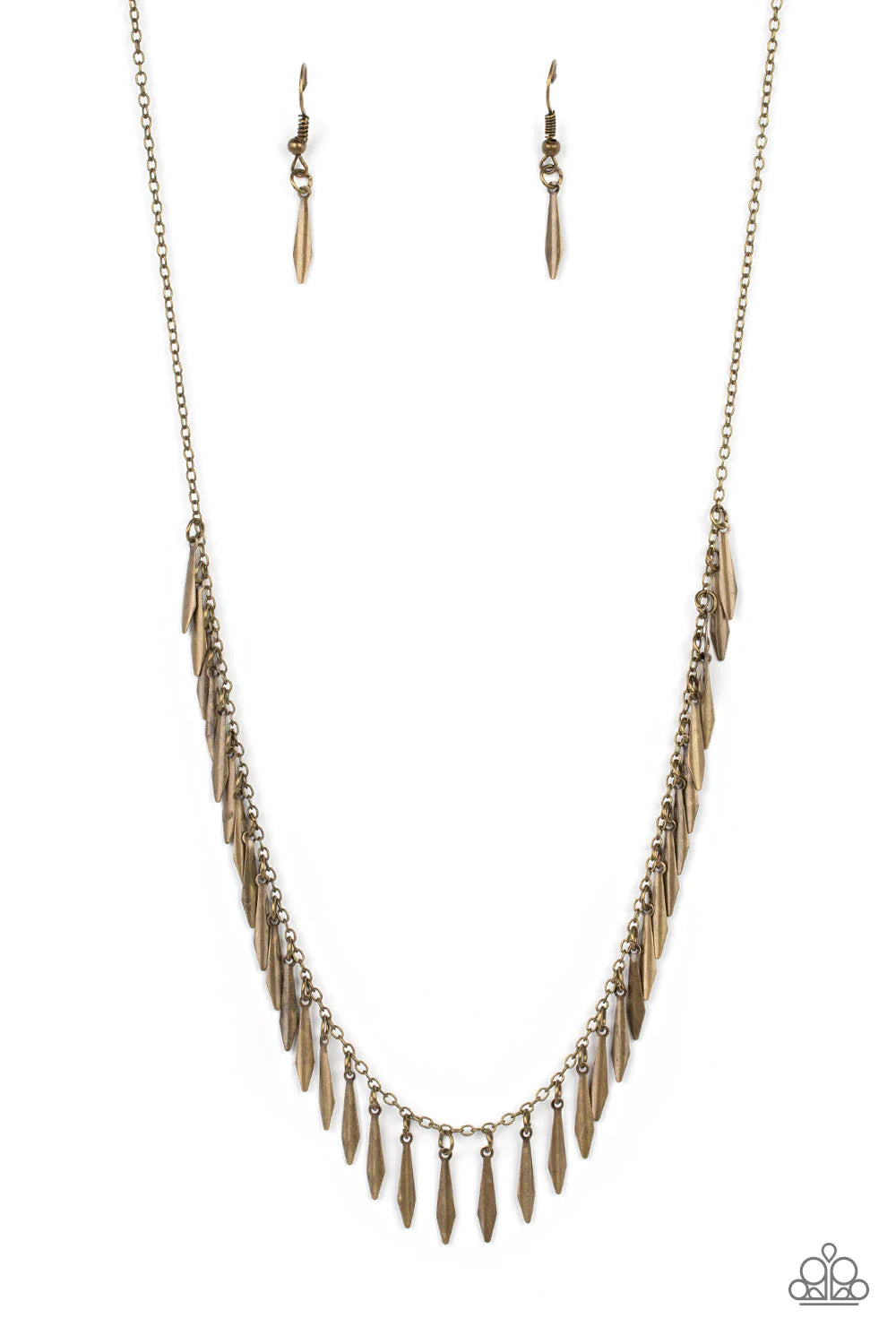 Paparazzi Accessories Striking Sheen - Brass Dainty brass bars with a subtle curvature along their center, dance vivaciously along a brass chain to create a fierce fringe along the neckline. Each brass bar is flared at the bottom, expanding its light-catc