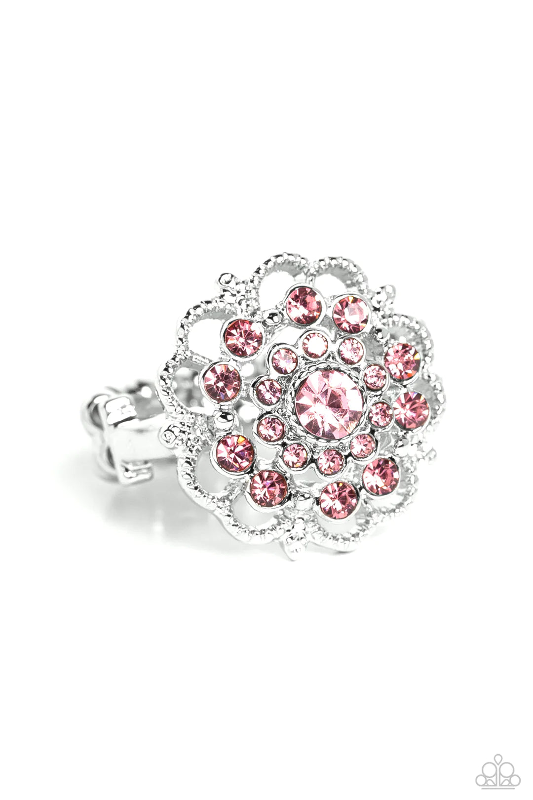 Paparazzi Accessories Love ROSE - Pink A studded, silver, airy rose dotted with an explosion of pink rhinestones ripples into layers of radiance for a whimsical centerpiece atop the finger. Features a dainty stretchy band for a flexible fit. Sold as one i