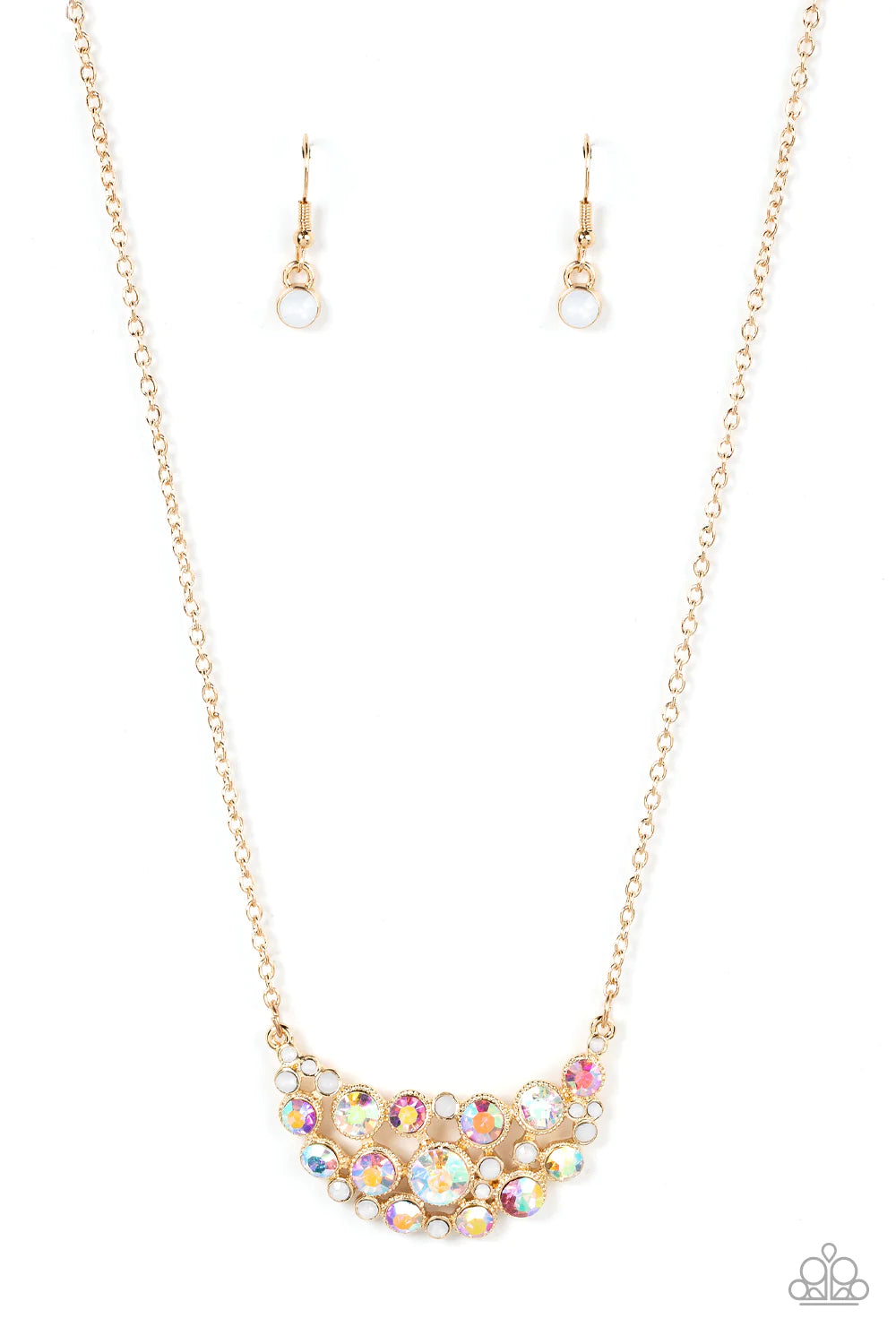 Paparazzi Accessories Effervescently Divine - Gold An effervescent collection of opal and iridescent rhinestones delicately join into a bubbly half moon pendant at the bottom of a dainty gold chain, resulting in a sparkly statement piece below the collar.