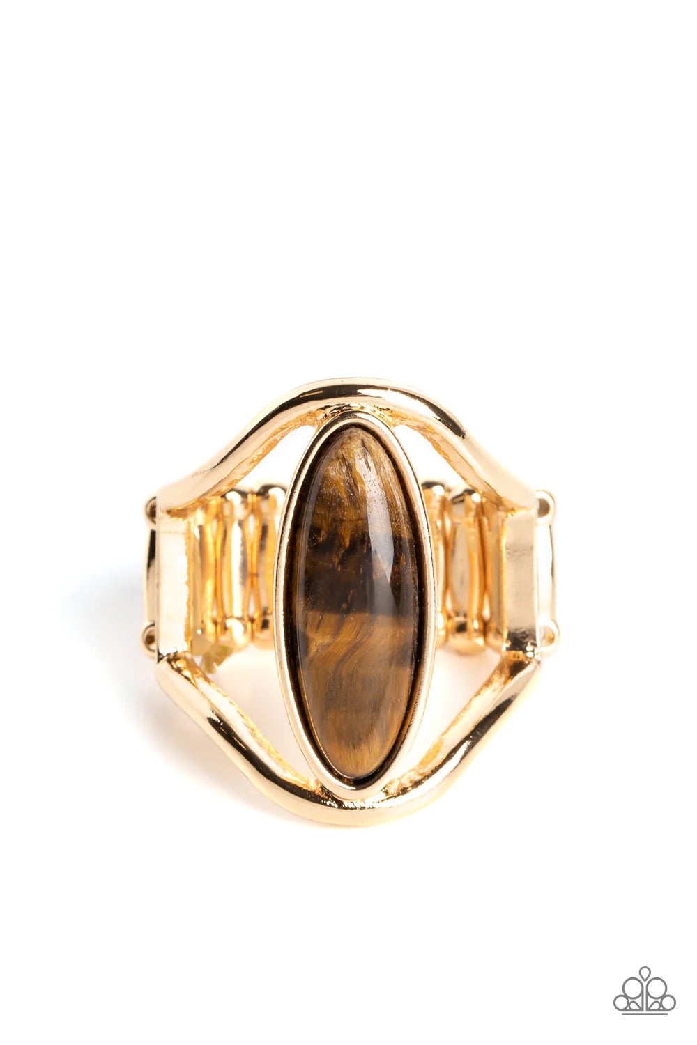 Paparazzi Accessories Spartan Stone - Brown An elongated tiger's eye oval stone sits between two shiny gold bands that arc around it, creating the illusion of a floating southwestern centerpiece. Features a stretchy band for a flexible fit. As the stone e