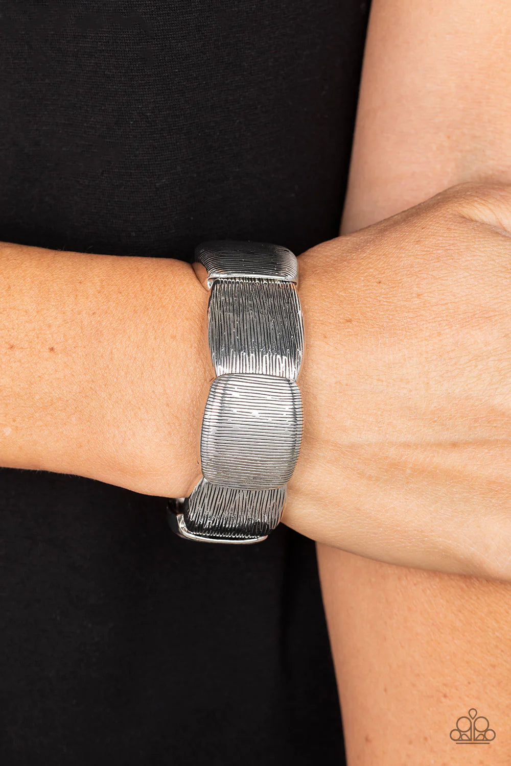 Paparazzi Accessories Prairie Block Party - Silver Scratched in a rustic linear pattern, mismatched silver block-like frames delicately overlap along stretchy bands around the wrist for an artisan inspired style. Sold as one individual bracelet. Jewelry