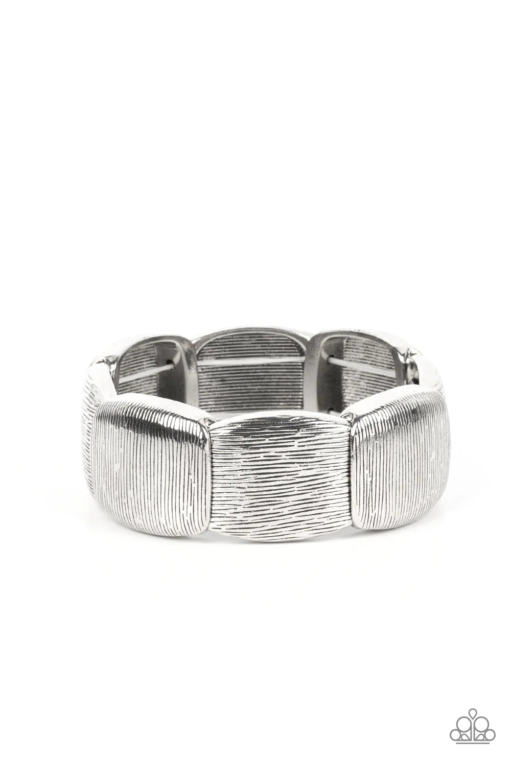 Paparazzi Accessories Prairie Block Party - Silver Scratched in a rustic linear pattern, mismatched silver block-like frames delicately overlap along stretchy bands around the wrist for an artisan inspired style. Sold as one individual bracelet. Jewelry