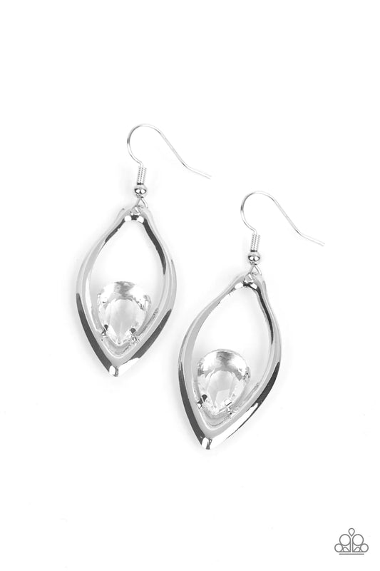 Paparazzi Accessories Beautifully Bejeweled - White A glassy white teardrop gem is nestled inside the bottom of a warped silver frame, culminating into an edgy sparkle. Earring attaches to a standard fishhook fitting. Sold as one pair of earrings. Jewelry