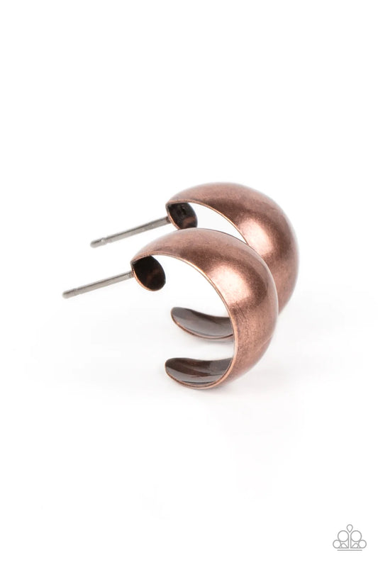 Paparazzi Accessories Burnished Beauty - Copper A thick bar of copper curls around the ear into a fashionable hoop. The dramatic curvature of the hoop is heightened by its high sheen finish, making a lasting impression. Earring attaches to a standard post