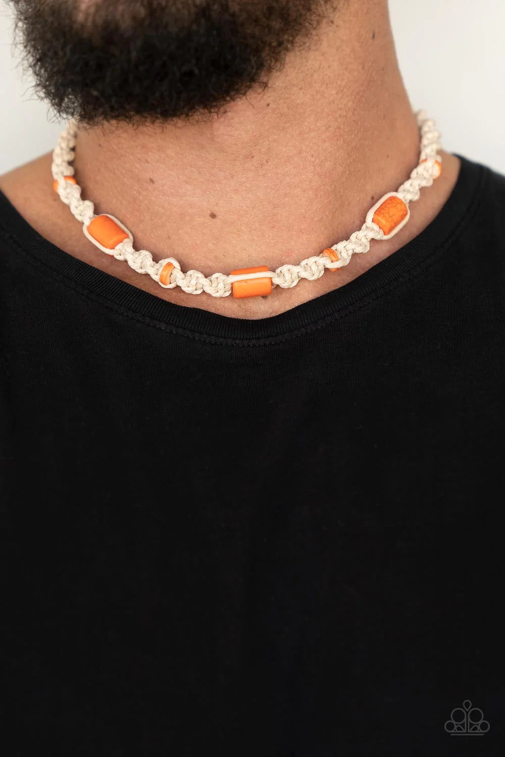 Paparazzi Accessories Explorer Exclusive - Orange Three cylindrical orange stones and small flat stone accents are thoughtfully woven into a macramé style necklace. The natural cord is knotted into a chunky spiral design creating a homespun sensation belo