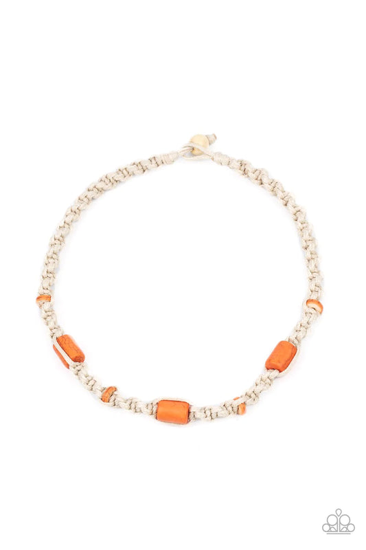 Paparazzi Accessories Explorer Exclusive - Orange Three cylindrical orange stones and small flat stone accents are thoughtfully woven into a macramé style necklace. The natural cord is knotted into a chunky spiral design creating a homespun sensation belo