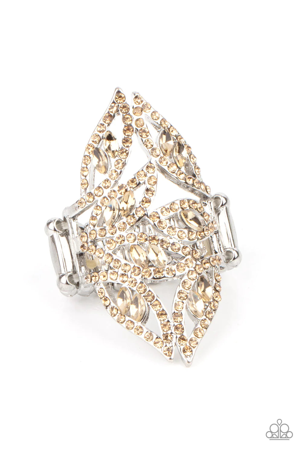 Paparazzi Accessories Fiery Foliage - Brown A glitzy collision of golden topaz marquise rhinestones floats inside golden topaz rhinestone-encrusted silver leaf-shaped frames that dance across the finger resulting in a glamorous finish. Features a stretchy