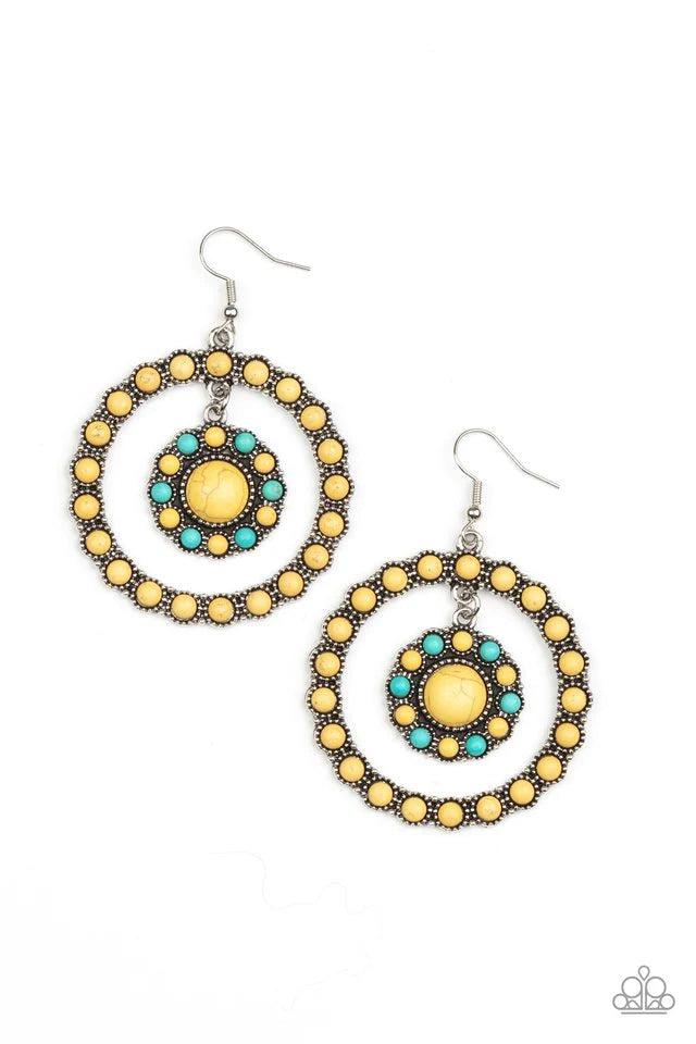 Paparazzi Accessories Saguaro Sanctuary - Yellow Infused with studded silver fittings, a yellow and turquoise stone dotted floral frame swings from the top of a yellow stone dotted hoop for a whimsically rustic finish. Earring attaches to a standard fishh